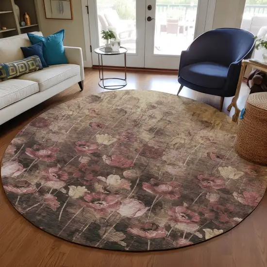 8' Taupe Brown And Pink Round Floral Washable Indoor Outdoor Area Rug Photo 8