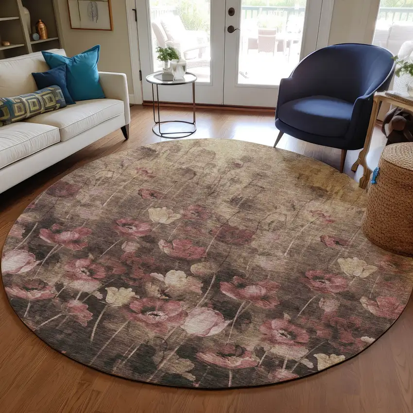 8' Taupe Brown And Pink Round Floral Washable Indoor Outdoor Area Rug Photo 8