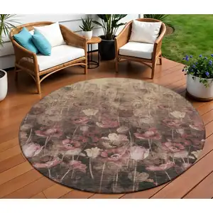 Photo of 8' Taupe Brown And Pink Round Floral Washable Indoor Outdoor Area Rug
