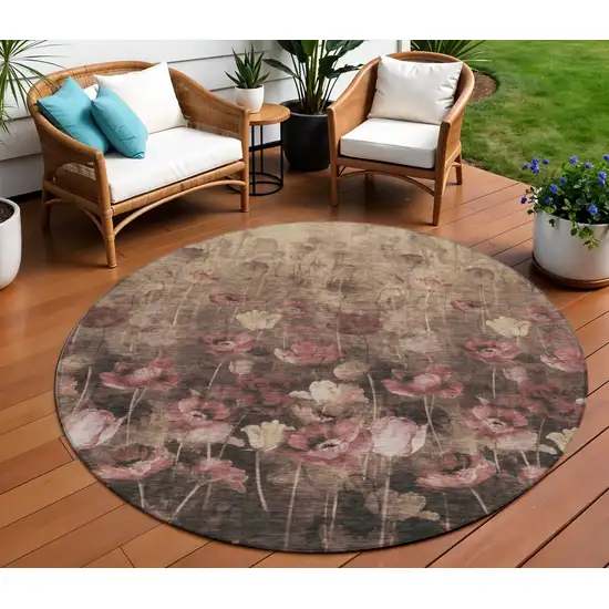 8' Taupe Brown And Pink Round Floral Washable Indoor Outdoor Area Rug Photo 1