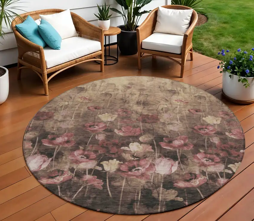 8' Taupe Brown And Pink Round Floral Washable Indoor Outdoor Area Rug Photo 1
