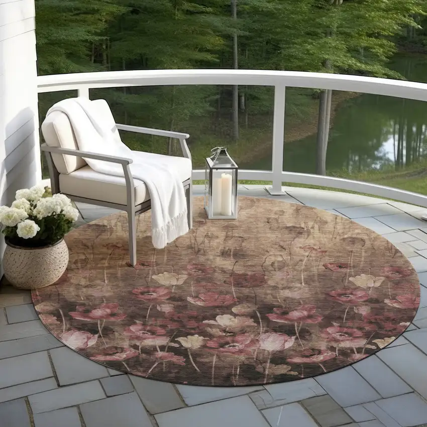 8' Taupe Brown And Pink Round Floral Washable Indoor Outdoor Area Rug Photo 7