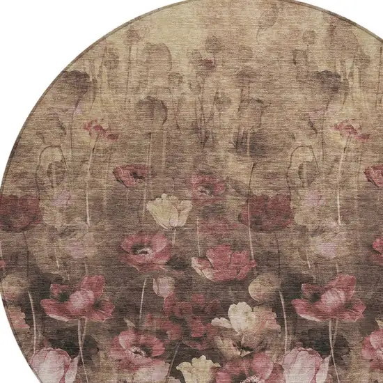 8' Taupe Brown And Pink Round Floral Washable Indoor Outdoor Area Rug Photo 5