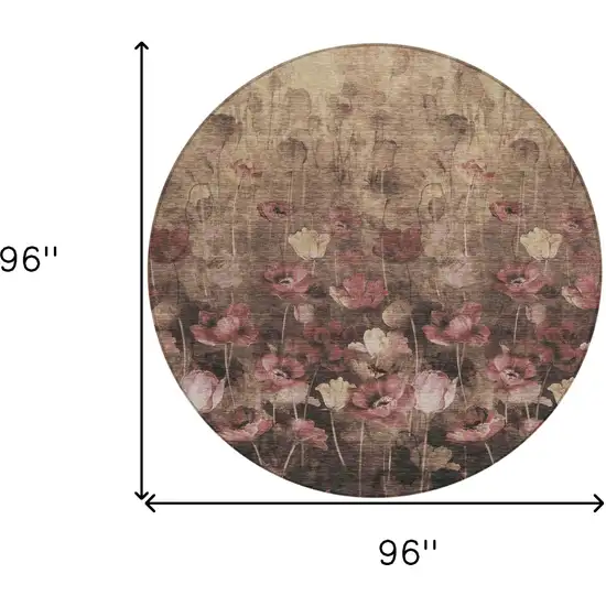 8' Taupe Brown And Pink Round Floral Washable Indoor Outdoor Area Rug Photo 3