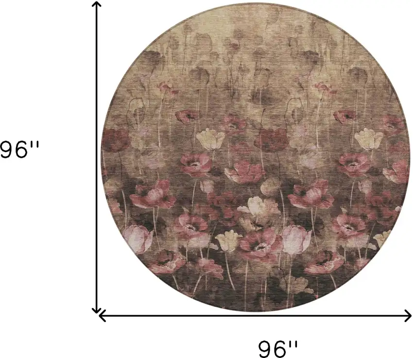 8' Taupe Brown And Pink Round Floral Washable Indoor Outdoor Area Rug Photo 3