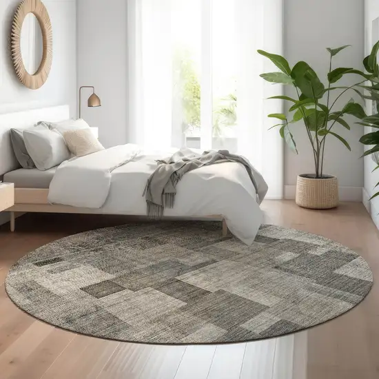 8' Taupe Charcoal And Beige Geometric Washable Round Rug With UV Protection Photo 4