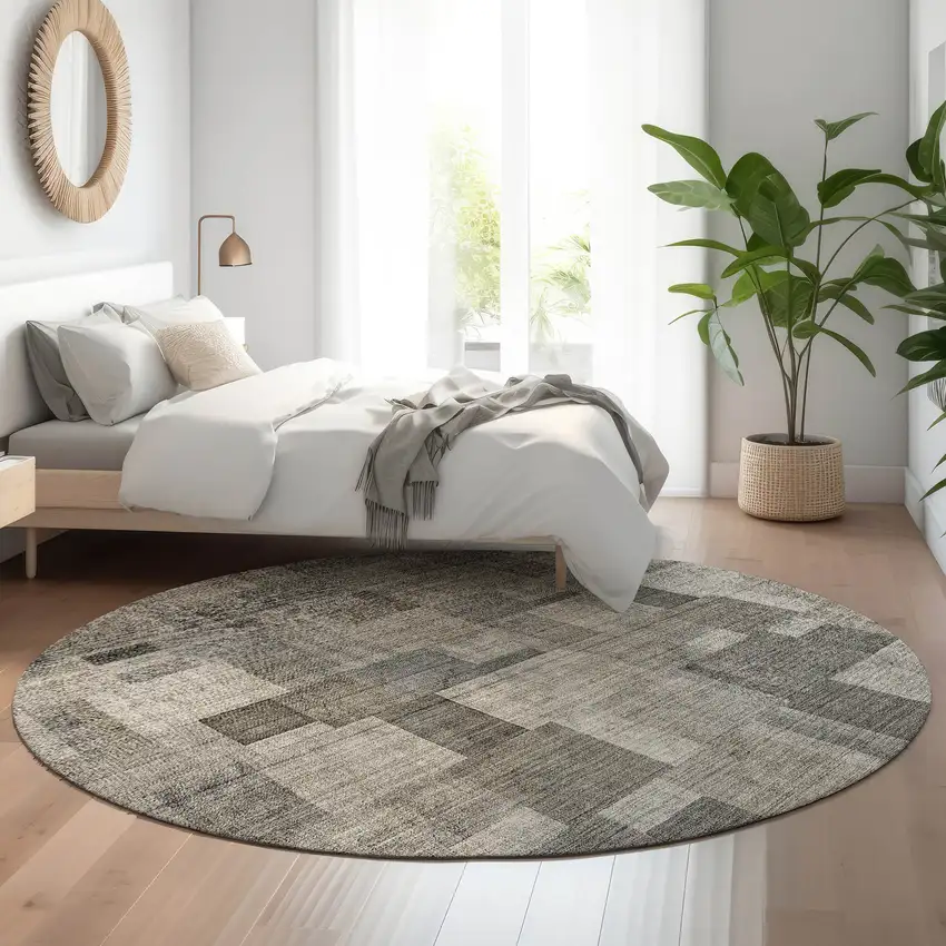 8' Taupe Charcoal And Beige Geometric Washable Round Rug With UV Protection Photo 4