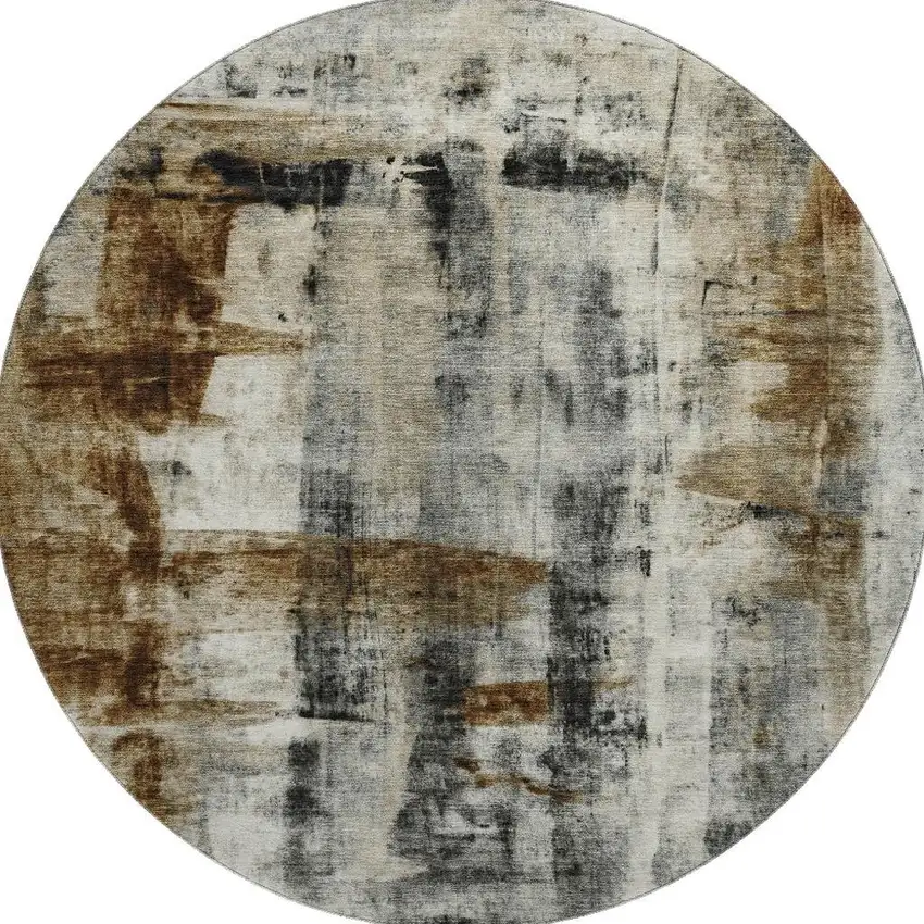 8' Taupe Charcoal And Brown Abstract Washable Round Rug With UV Protection Photo 4