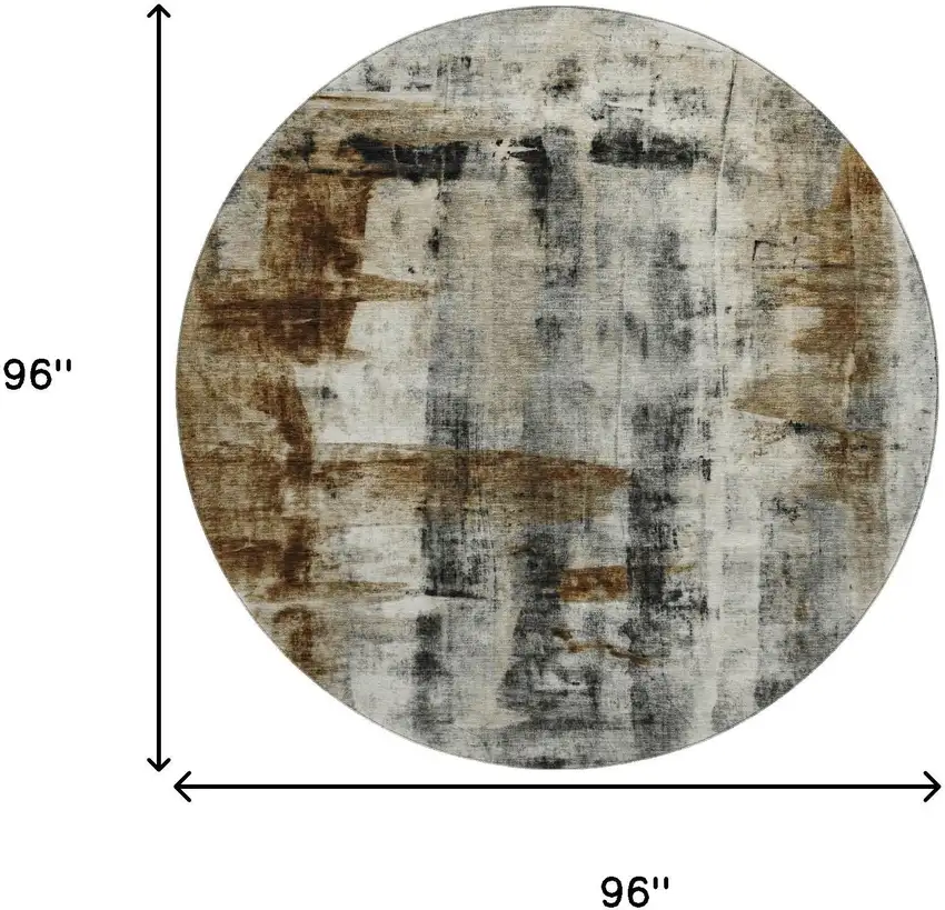 8' Taupe Charcoal And Brown Abstract Washable Round Rug With UV Protection Photo 8