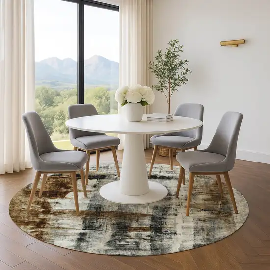 8' Taupe Charcoal And Brown Abstract Washable Round Rug With UV Protection Photo 5