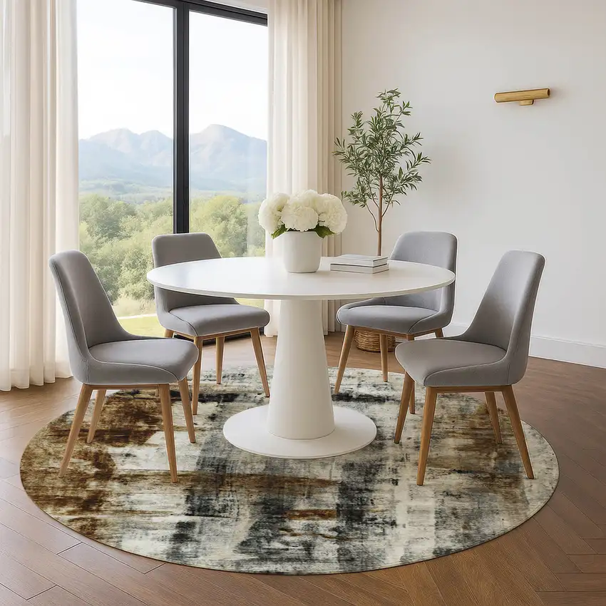 8' Taupe Charcoal And Brown Abstract Washable Round Rug With UV Protection Photo 5