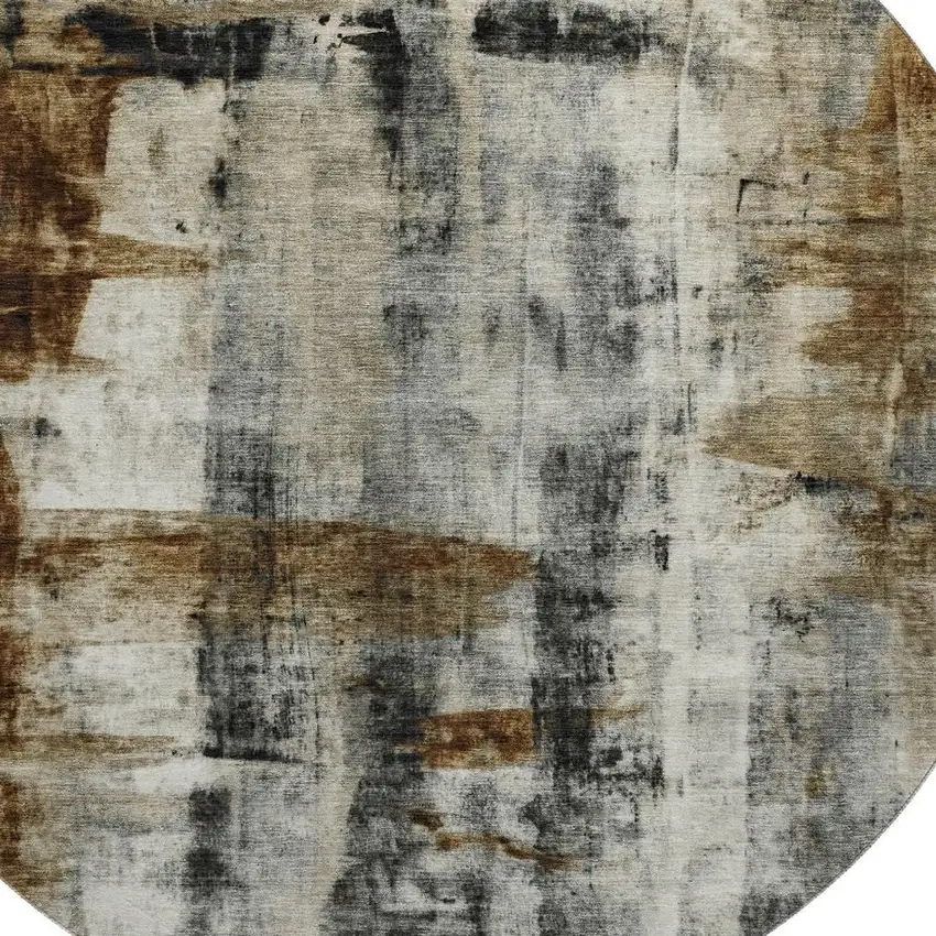 8' Taupe Charcoal And Brown Abstract Washable Round Rug With UV Protection Photo 3