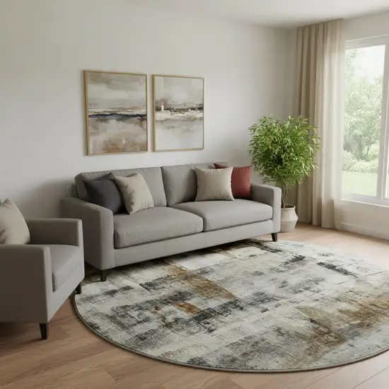 8' Taupe Charcoal And Brown Abstract Washable Round Rug With UV Protection Photo 1