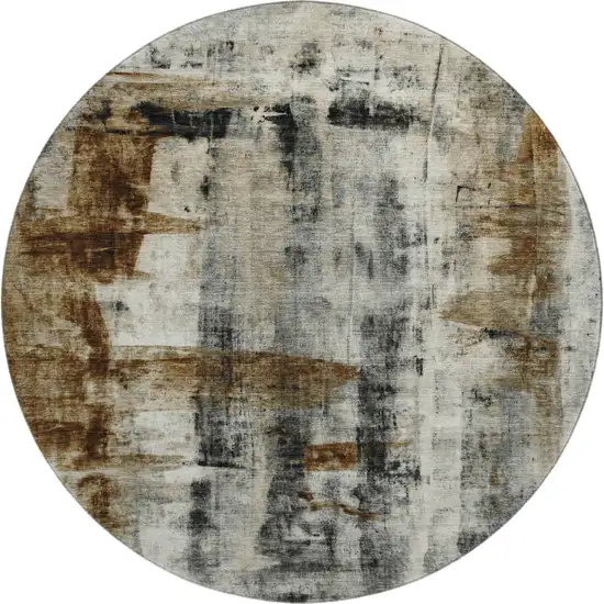 8' Taupe Charcoal And Brown Abstract Washable Round Rug With UV Protection Photo 2