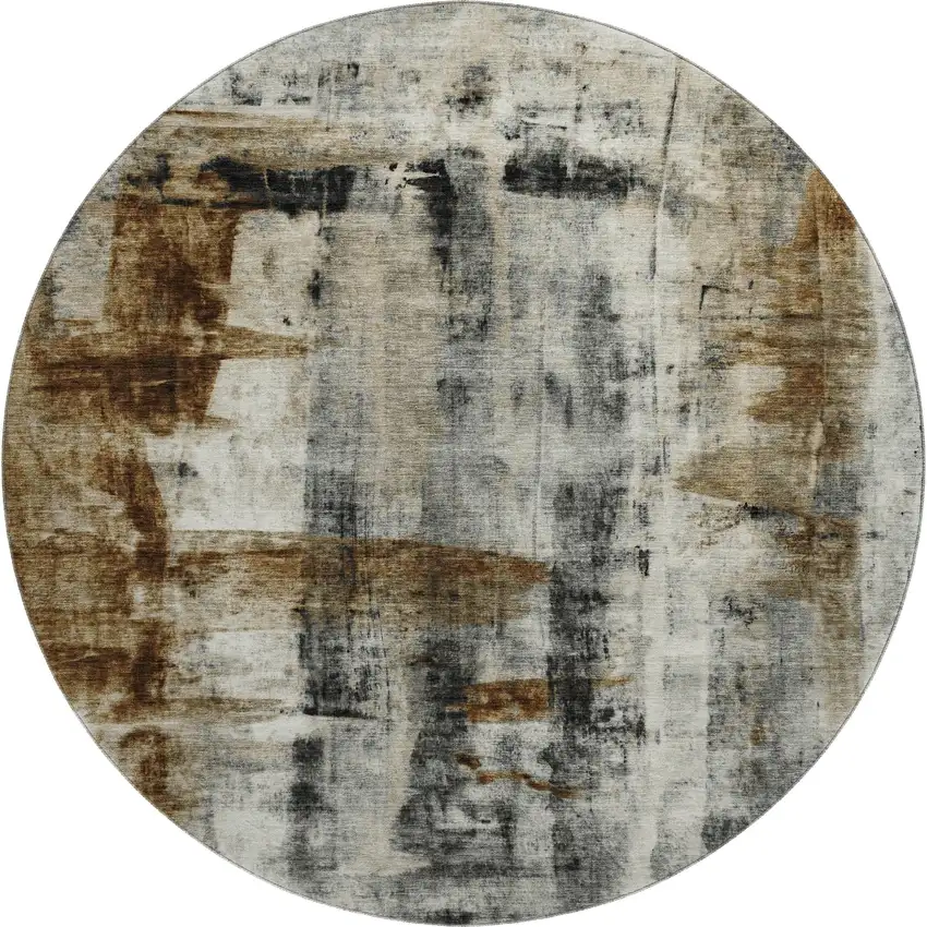 8' Taupe Charcoal And Brown Abstract Washable Round Rug With UV Protection Photo 2