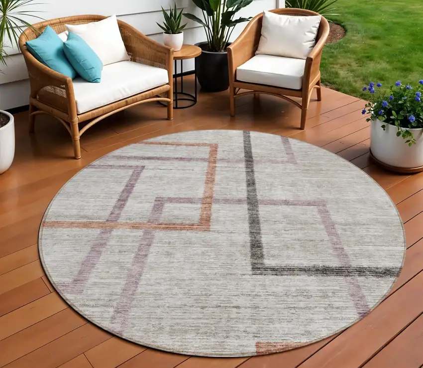 8' Taupe Charcoal And Copper Round Geometric Washable Indoor Outdoor Area Rug Photo 1
