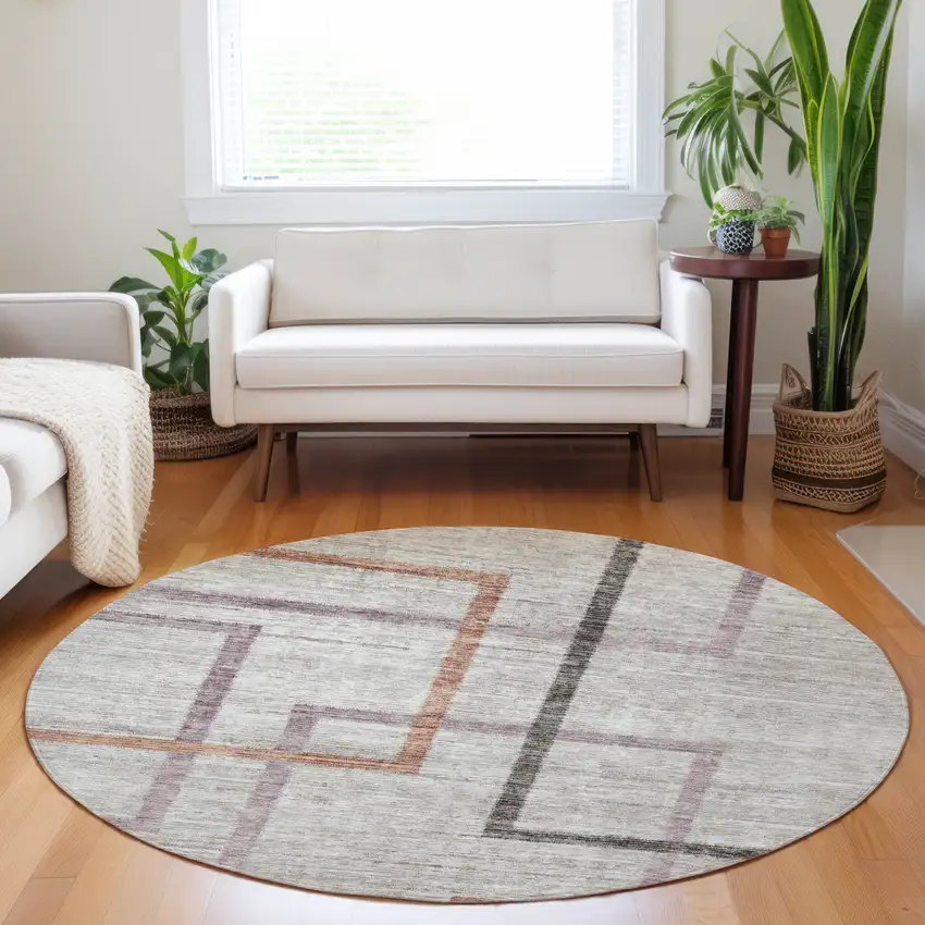 8' Taupe Charcoal And Copper Round Geometric Washable Indoor Outdoor Area Rug Photo 7