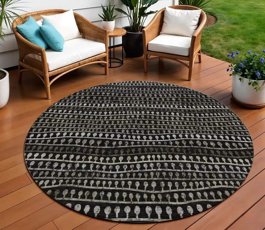 8' Taupe Charcoal And Gray Round Striped Washable Indoor Outdoor Area Rug Photo 1