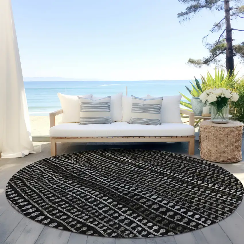 8' Taupe Charcoal And Gray Round Striped Washable Indoor Outdoor Area Rug Photo 7