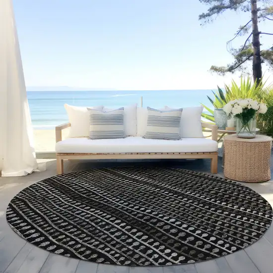 8' Taupe Charcoal And Gray Round Striped Washable Indoor Outdoor Area Rug Photo 7