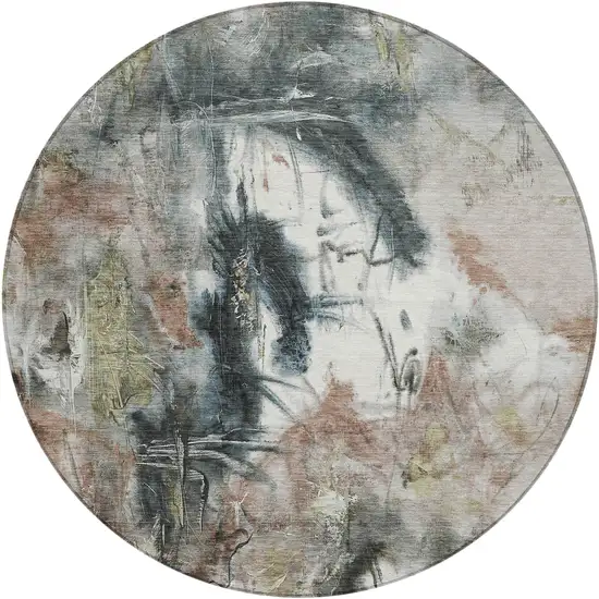 8' Taupe Charcoal And Green Round Abstract Washable Indoor Outdoor Area Rug Photo 1