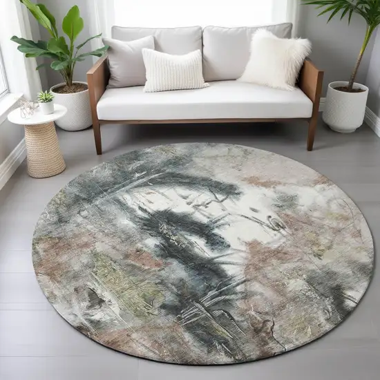 8' Taupe Charcoal And Green Round Abstract Washable Indoor Outdoor Area Rug Photo 8
