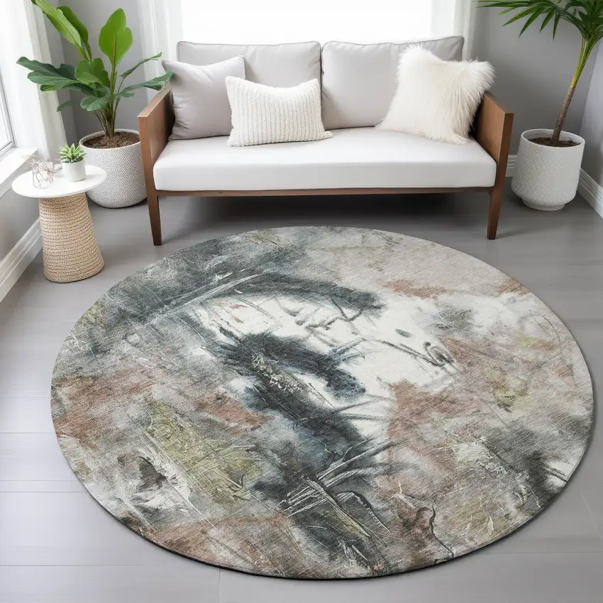 8' Taupe Charcoal And Green Round Abstract Washable Indoor Outdoor Area Rug Photo 8