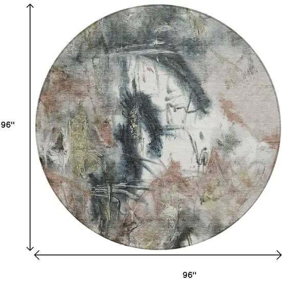 8' Taupe Charcoal And Green Round Abstract Washable Indoor Outdoor Area Rug Photo 9