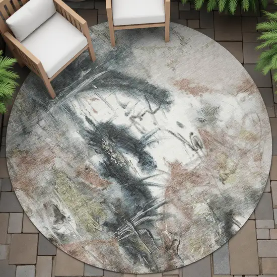 8' Taupe Charcoal And Green Round Abstract Washable Indoor Outdoor Area Rug Photo 7