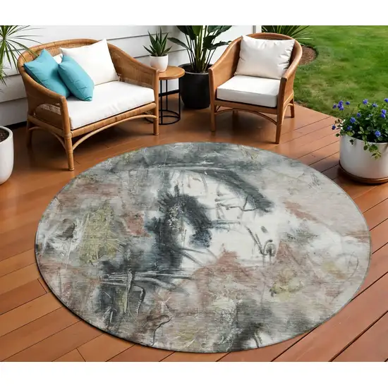 8' Taupe Charcoal And Green Round Abstract Washable Indoor Outdoor Area Rug Photo 2