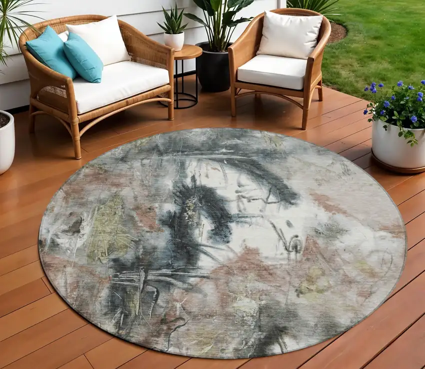 8' Taupe Charcoal And Green Round Abstract Washable Indoor Outdoor Area Rug Photo 2