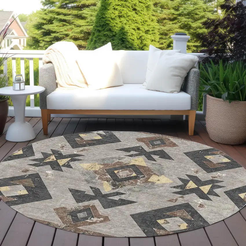 8' Taupe Charcoal And Wheat Round Aztec Washable Indoor Outdoor Area Rug Photo 5