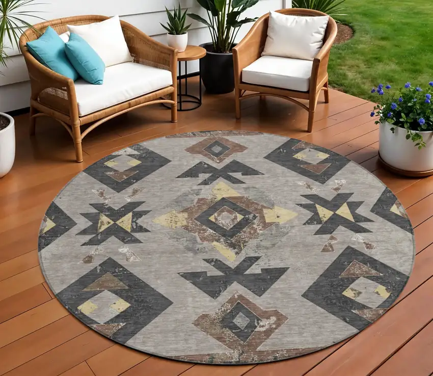 8' Taupe Charcoal And Wheat Round Aztec Washable Indoor Outdoor Area Rug Photo 2