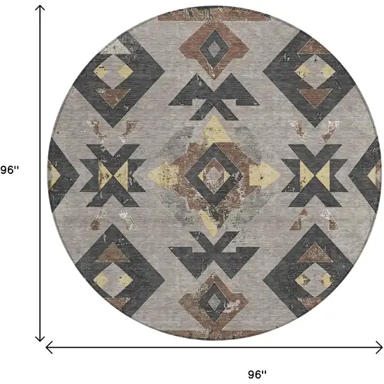 8' Taupe Charcoal And Wheat Round Aztec Washable Indoor Outdoor Area Rug Photo 9