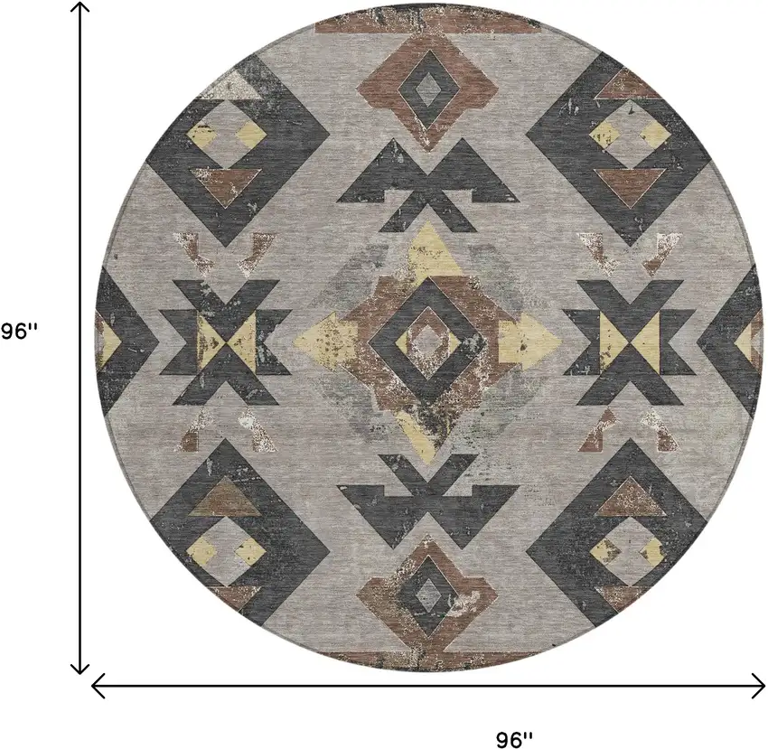 8' Taupe Charcoal And Wheat Round Aztec Washable Indoor Outdoor Area Rug Photo 9