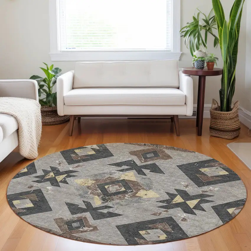8' Taupe Charcoal And Wheat Round Aztec Washable Indoor Outdoor Area Rug Photo 6
