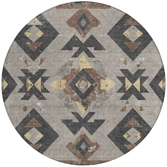 8' Taupe Charcoal And Wheat Round Aztec Washable Indoor Outdoor Area Rug Photo 3