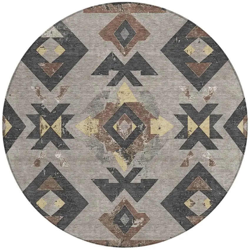 8' Taupe Charcoal And Wheat Round Aztec Washable Indoor Outdoor Area Rug Photo 3