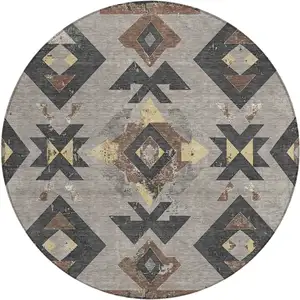 Photo of 8' Taupe Charcoal And Wheat Round Aztec Washable Indoor Outdoor Area Rug