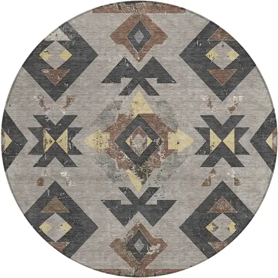 8' Taupe Charcoal And Wheat Round Aztec Washable Indoor Outdoor Area Rug Photo 1