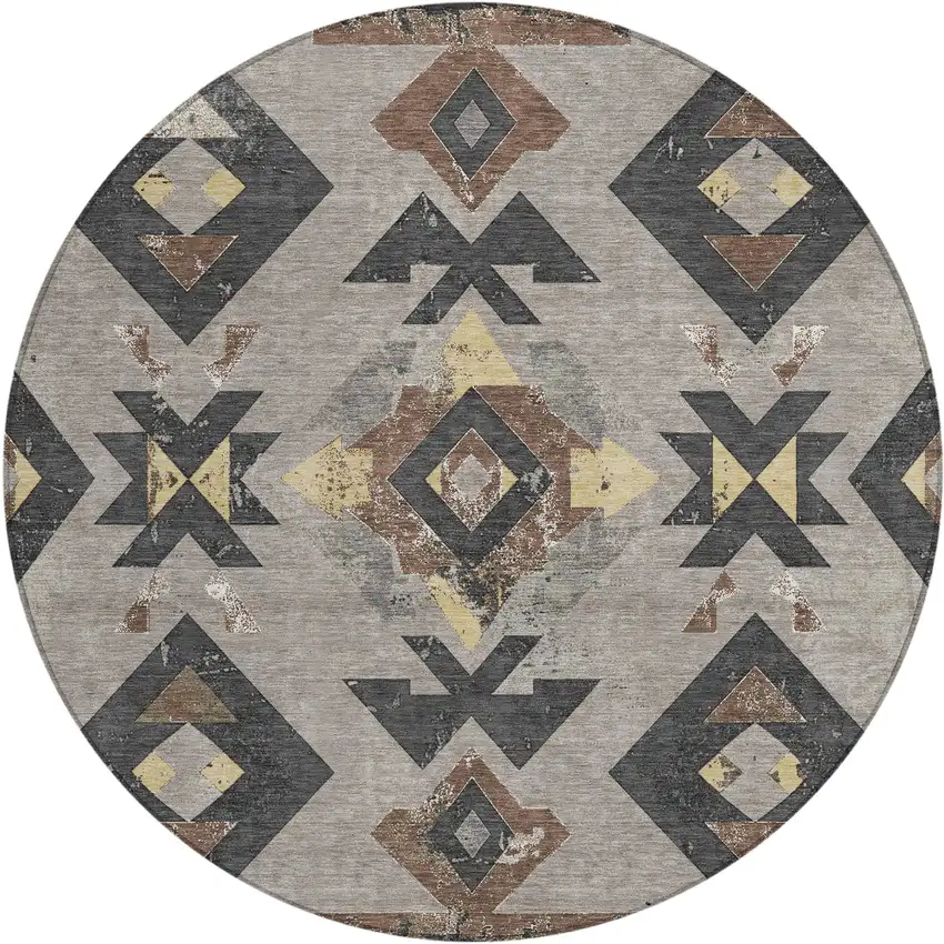 8' Taupe Charcoal And Wheat Round Aztec Washable Indoor Outdoor Area Rug Photo 1