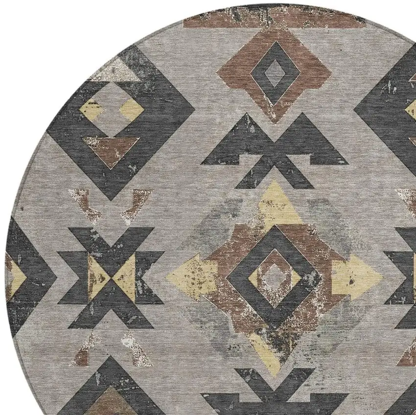 8' Taupe Charcoal And Wheat Round Aztec Washable Indoor Outdoor Area Rug Photo 4