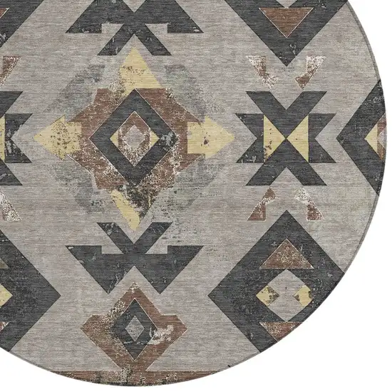 8' Taupe Charcoal And Wheat Round Aztec Washable Indoor Outdoor Area Rug Photo 9