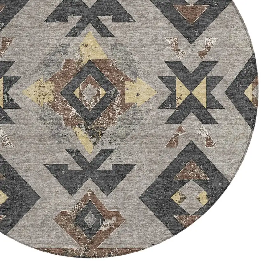 8' Taupe Charcoal And Wheat Round Aztec Washable Indoor Outdoor Area Rug Photo 9