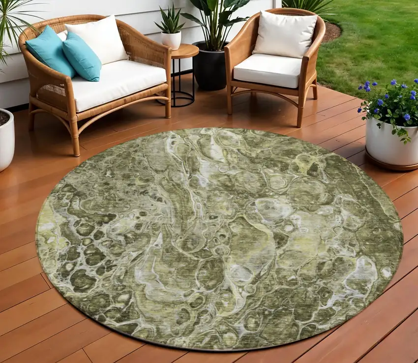 8' Taupe Chocolate And Beige Round Abstract Washable Indoor Outdoor Area Rug Photo 1
