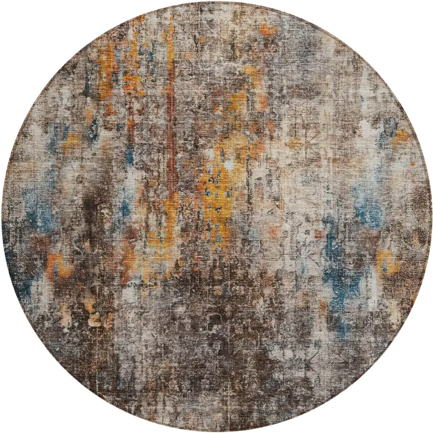 8' Taupe Chocolate And Copper Round Abstract Washable Indoor Outdoor Area Rug Photo 2
