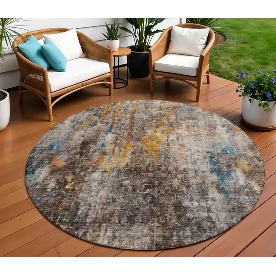 8' Taupe Chocolate And Copper Round Abstract Washable Indoor Outdoor Area Rug Photo 1