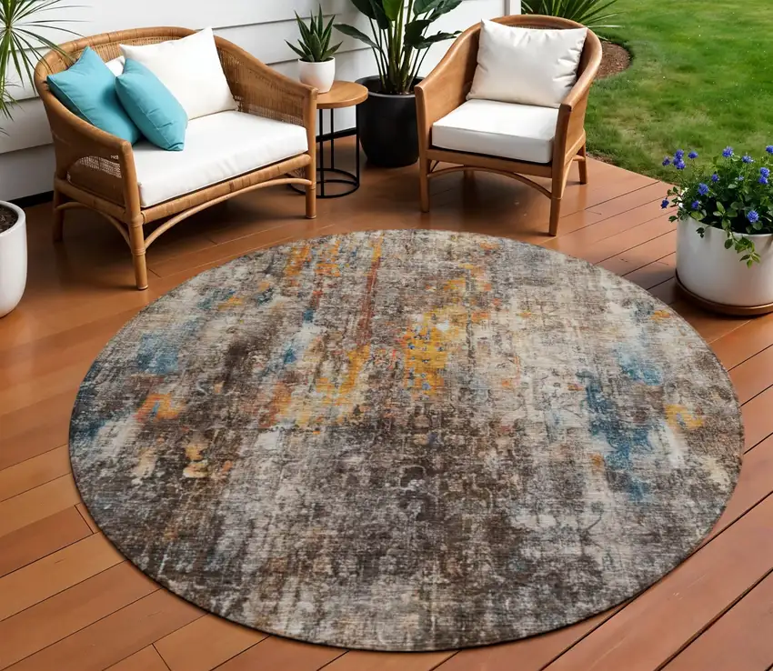8' Taupe Chocolate And Copper Round Abstract Washable Indoor Outdoor Area Rug Photo 1