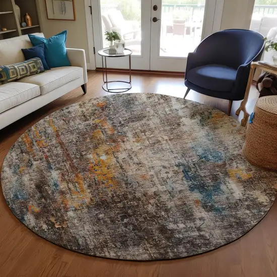8' Taupe Chocolate And Copper Round Abstract Washable Indoor Outdoor Area Rug Photo 7