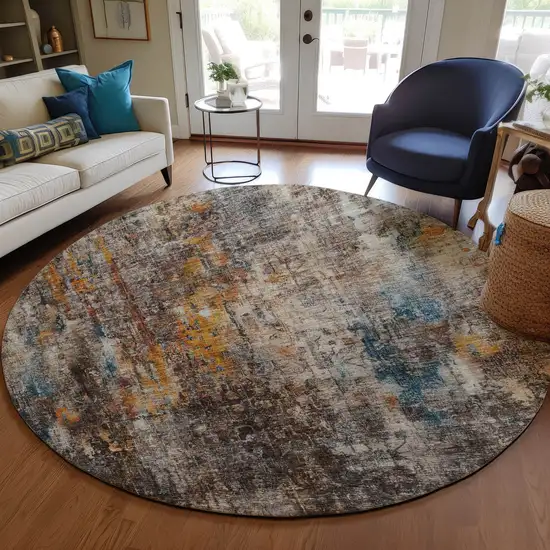 8' Taupe Chocolate And Copper Round Abstract Washable Indoor Outdoor Area Rug Photo 7